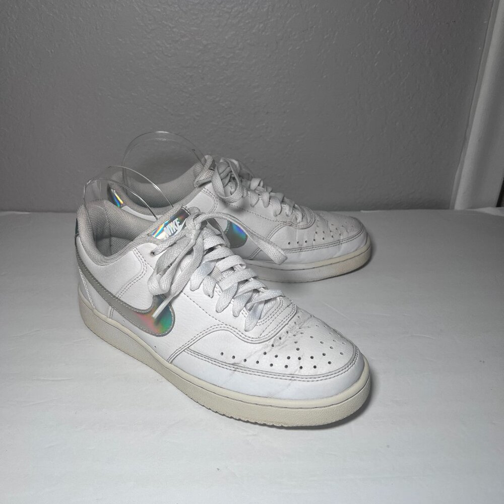 Nike Women 8 White Court Vision Low Top Iridescent Swoosh Heel Tab Sneakers